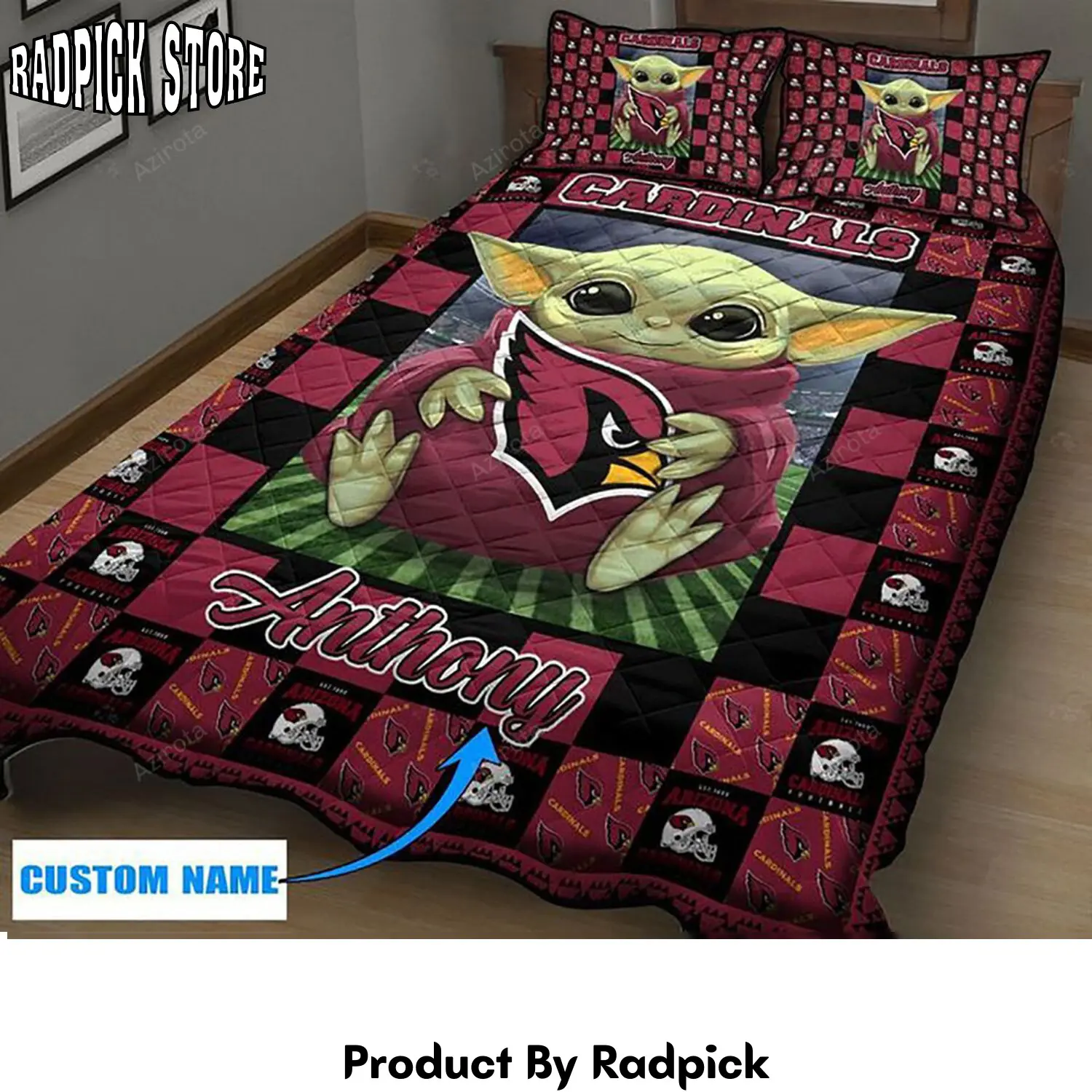 Radpick arizona cardinals baby yoda football personalized custom bedding sets king queen twin bedding set rp3278694